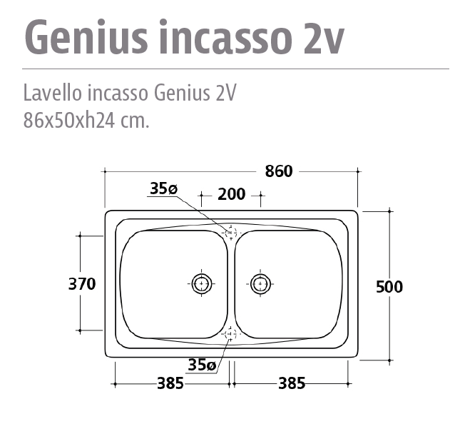 Lavello Genius 86x50 incasso in ceramica 2 vasche senza gocciolatoio